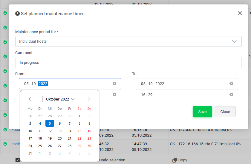 Datepicker for scheduling a new downtime