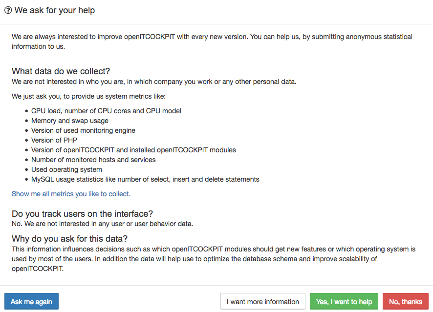 openITCOCKPIT ask you, if you want to submit anonymous statistics