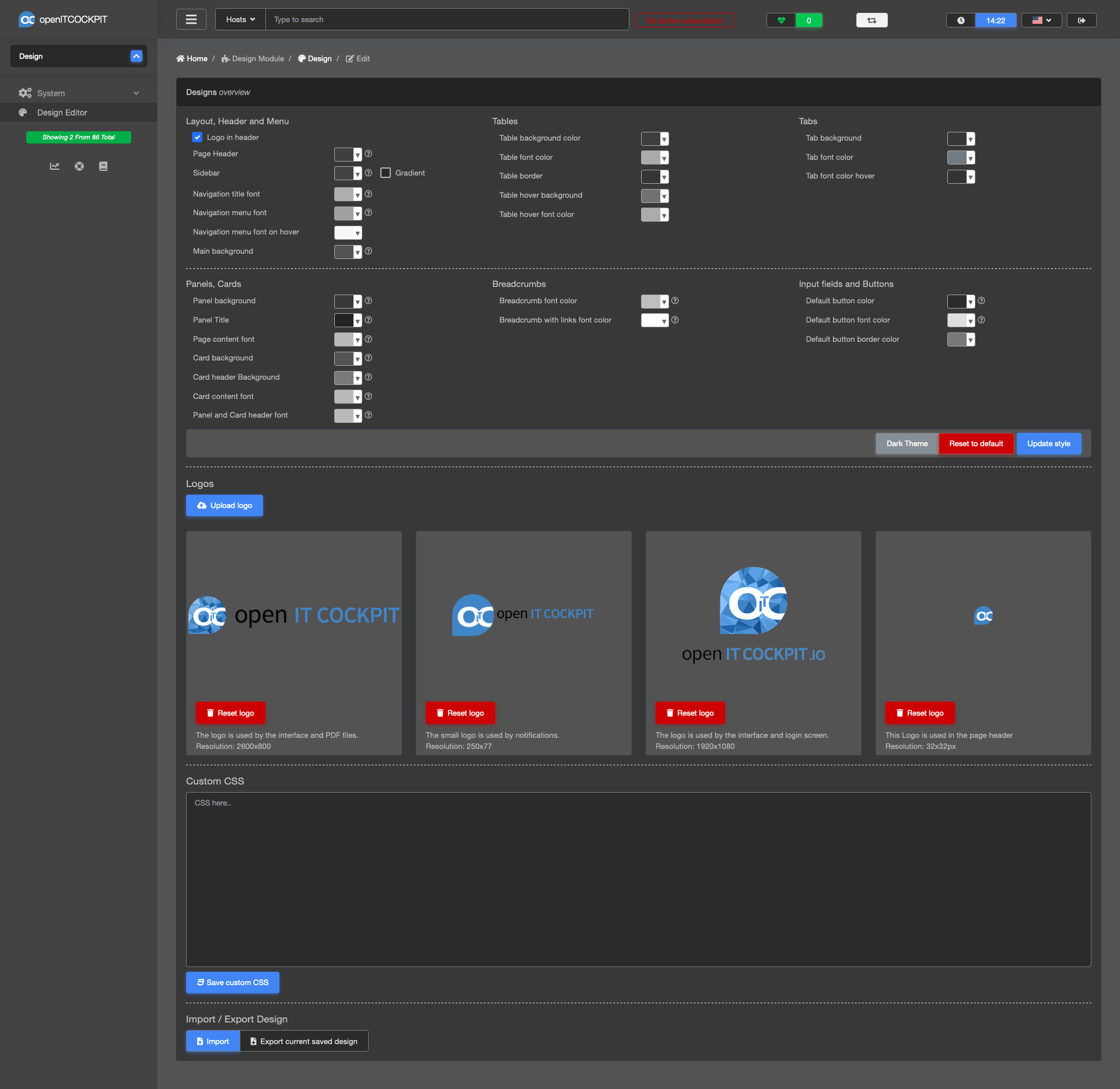 Change the colors and logos used by openITCOCKPIT within a few clicks. No programming required! Of course, it ships with a predefined dark mode.