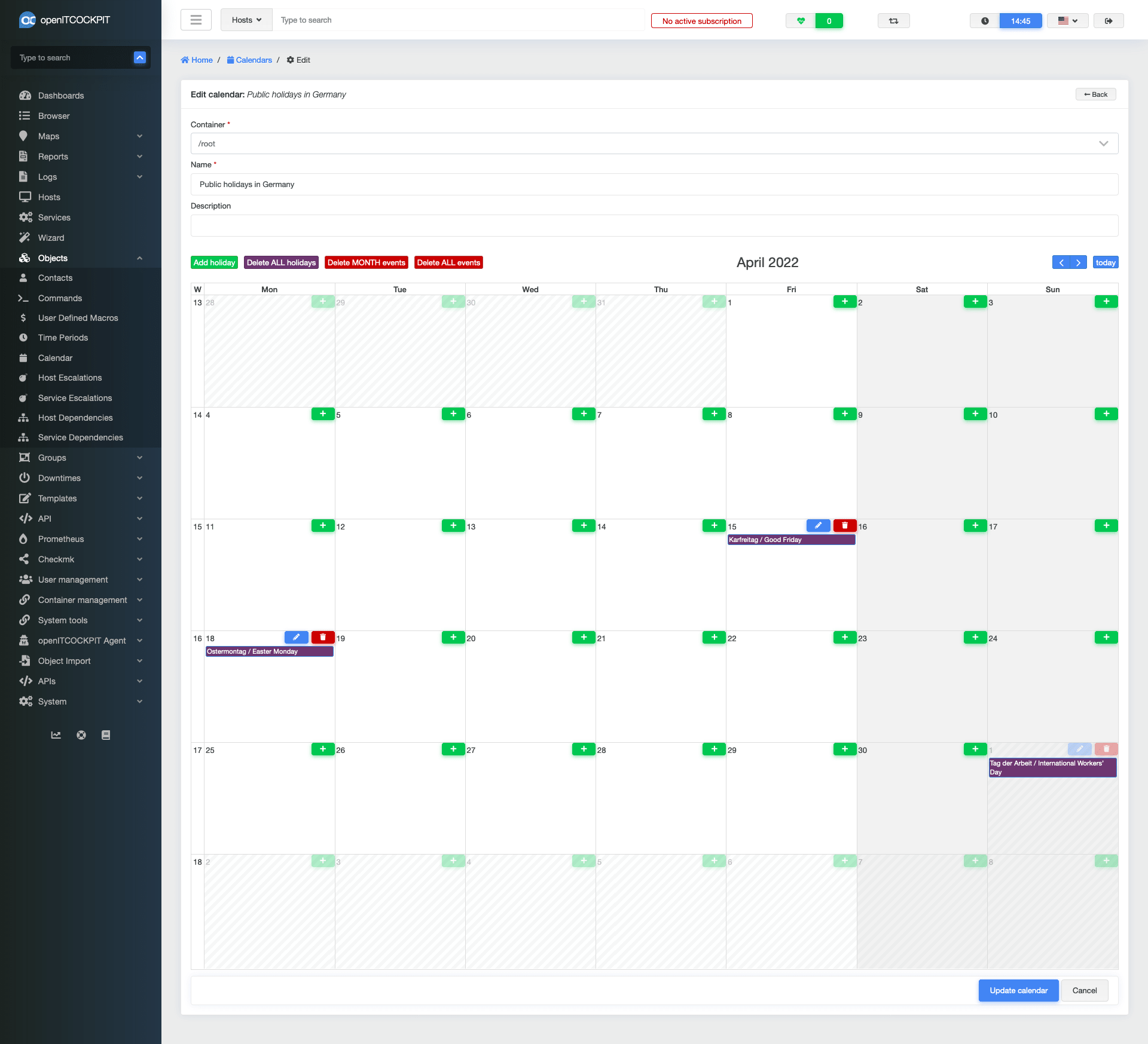 openITCOCKPIT has pre-defined and customizable calendars which can be considered by reports or to suppress notifications on public holidays